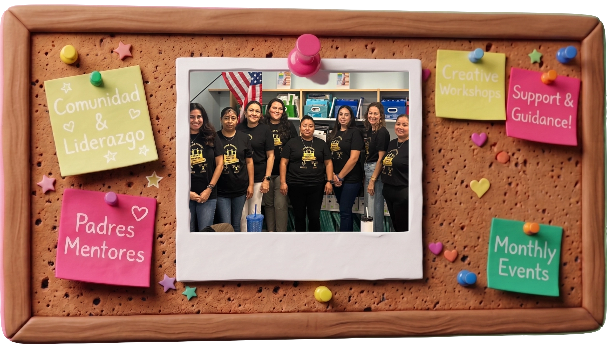 3D Clay Corkboard displaying BPAC workshops and parent mentor community photos